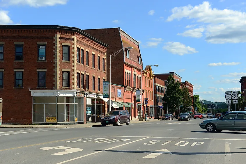 Historic Buildings on Railroad Street in downtown St. Johnsbury, Vermont.