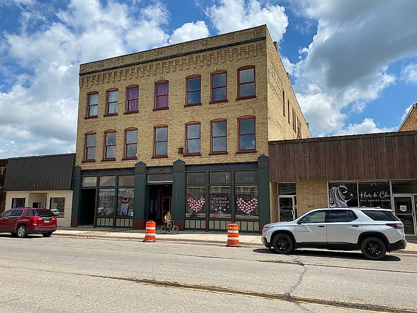  The Lisbon Opera House in Lisbon, North Dakota, a historic building with a classic architectural style, still standing as a notable landmark in the town.