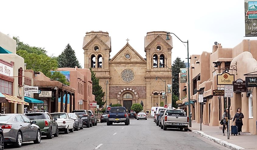 The view down a street in the city of Santa Fe, New Mexico.
