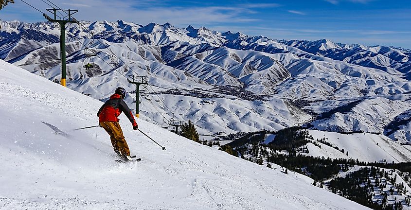 Downhill skiing in Sun Valley, Idaho, with snow-covered slopes and scenic mountain views