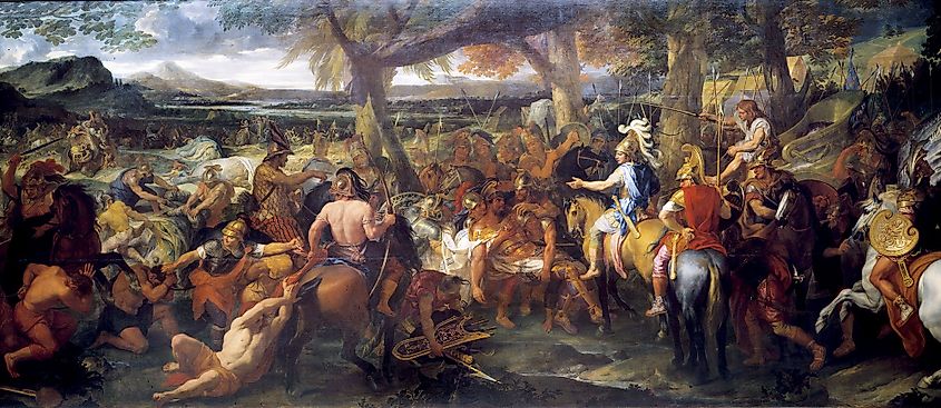 A painting by Charles Le Brun depicting Alexander and Porus (Puru) during the Battle of the Hydaspes.