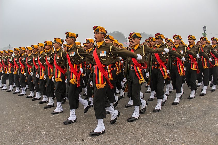 Soldiers of  theIndian Army marching at Rajpath. January 2020. Credit Shutterstock: yogendrasingh.in.