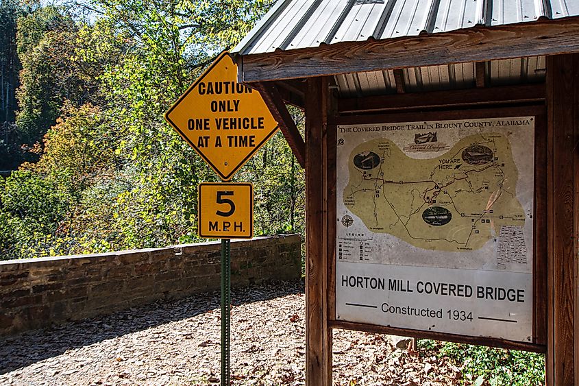 Sign for Horton Mill Covered Bridge in Oneonta, Alabama.