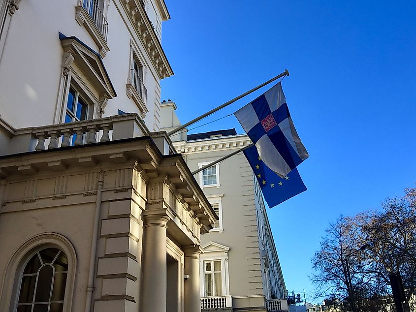 The Flags of Finland and the EU on the building of the Finland embassy in London