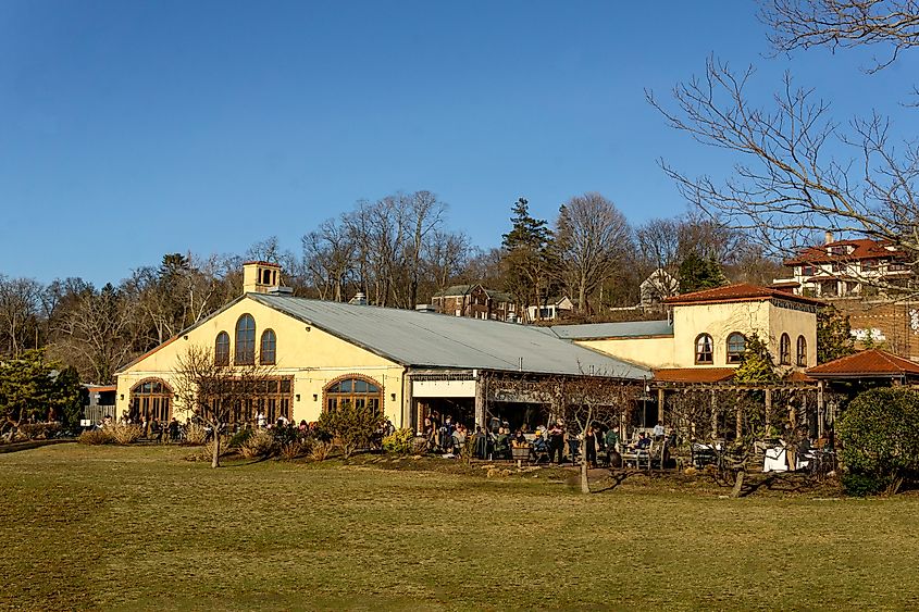 Landscape view of the riverside restaurant, Harvest on Hudson, on the Hudson River in Westchester, NY