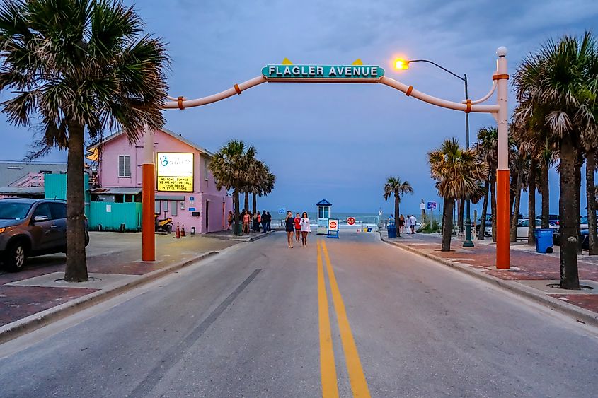 Flagler Avenue sign at the beach entrance in New Smyrna Beach, Florida. 