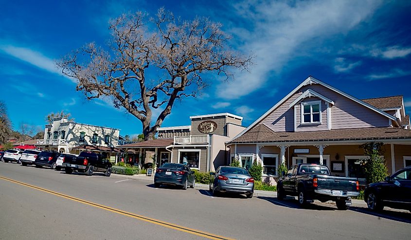 View of street in Los Olivos, California. 