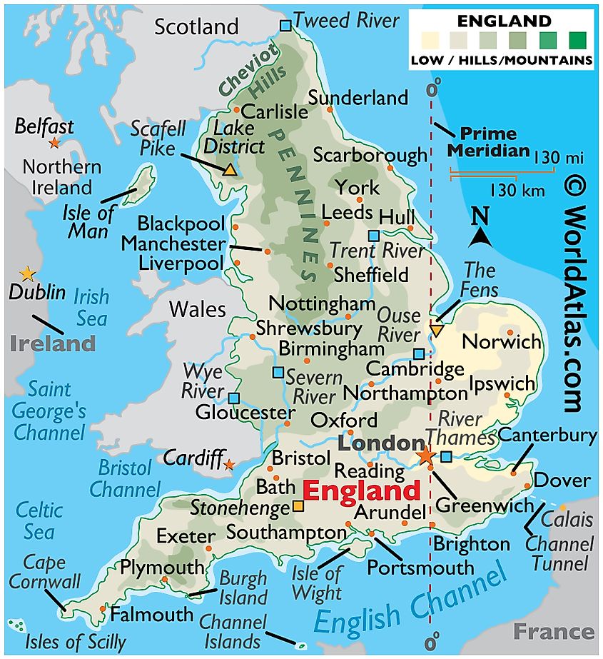 A map of England. 