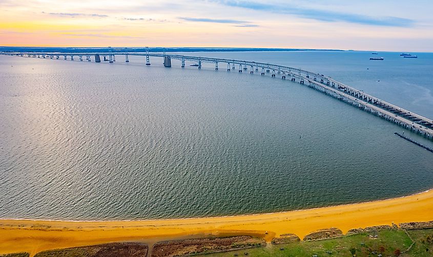An aerial shot of the Chesapeake Bay Bridge at sunrise.