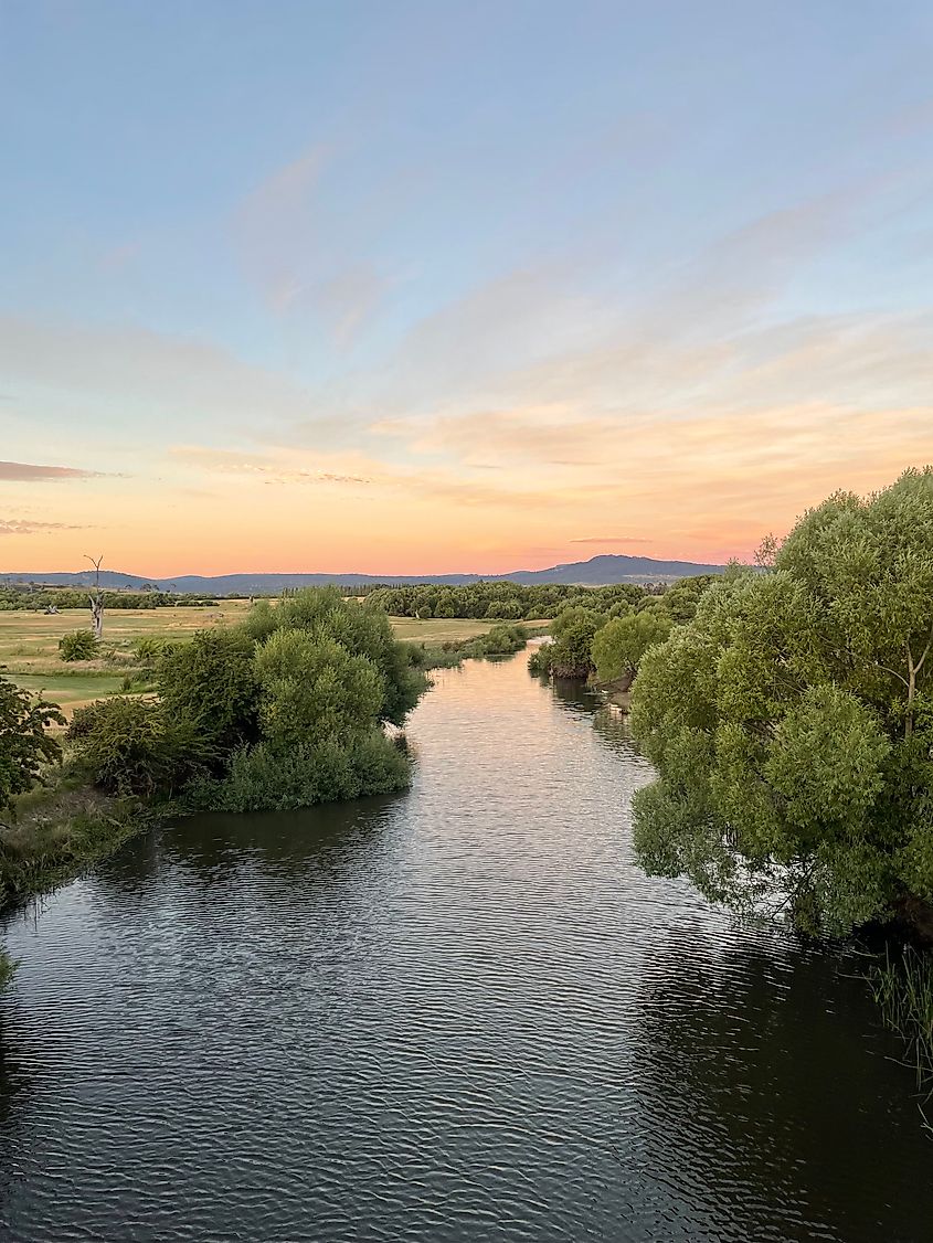 View north-east along Clyde River in Bothwell, Tasmania.