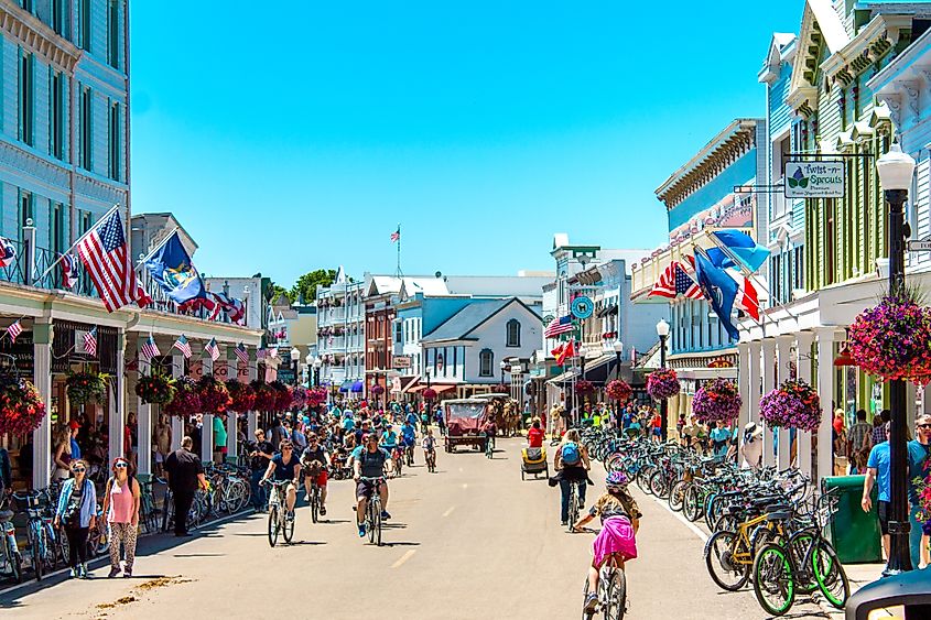 A busy day in downtown Mackinac Island, Michigan.