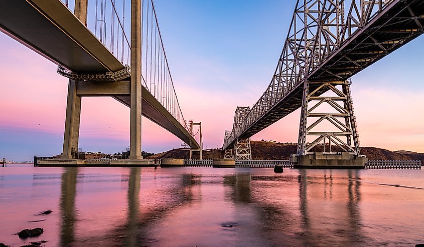 Reflections of the Carquinez Bridge at sunrise.