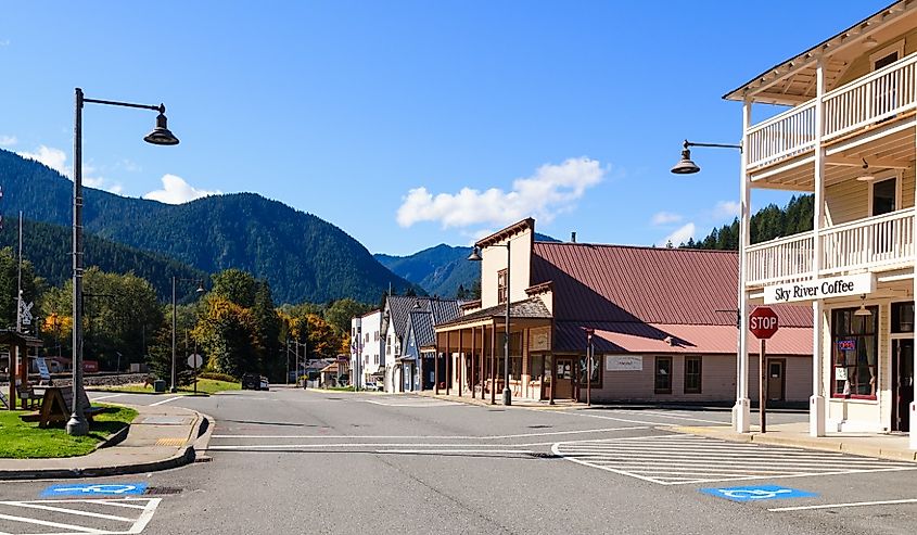 Buildings line Railroad Avenue in the East King County town of Skykomish, Washington.