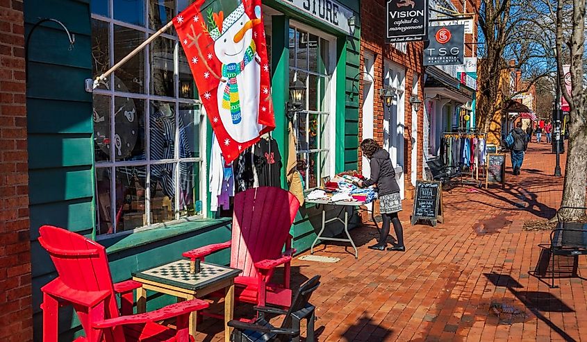 Downtown Main Street shops in Davidson, North Carolina.