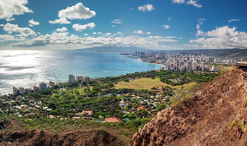 Panoramic view from Diamond Head Crater overlooking downtown Honolulu