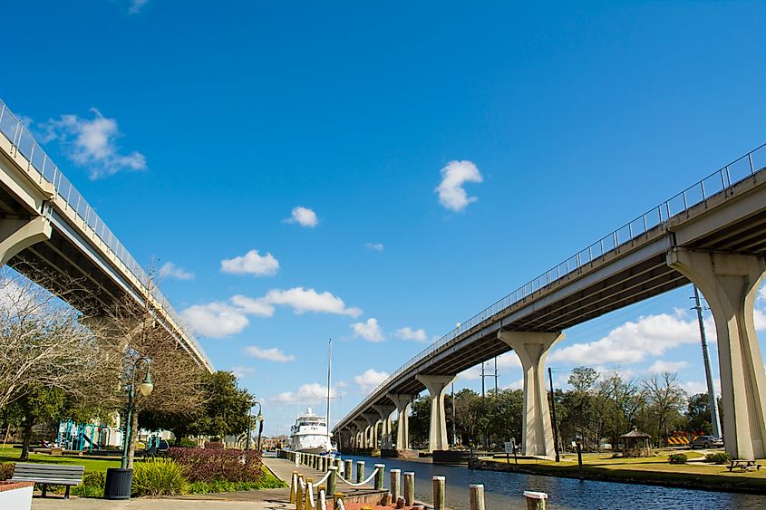 The "Twin Spans" bridges in downtown Houma serve as the main thoroughfare for crossing the Intracoastal Waterway.