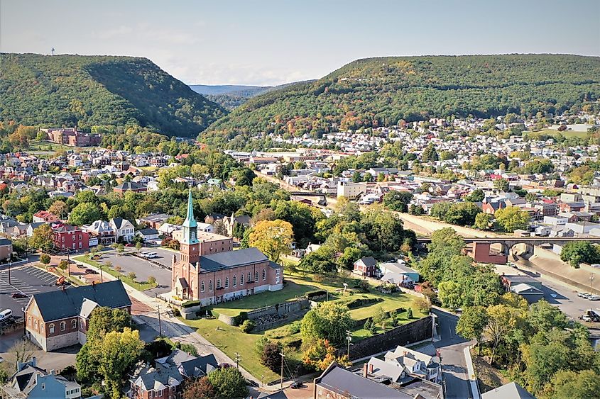 A view of Cumberland, Maryland, featuring a historic church amidst the town's classic architecture.