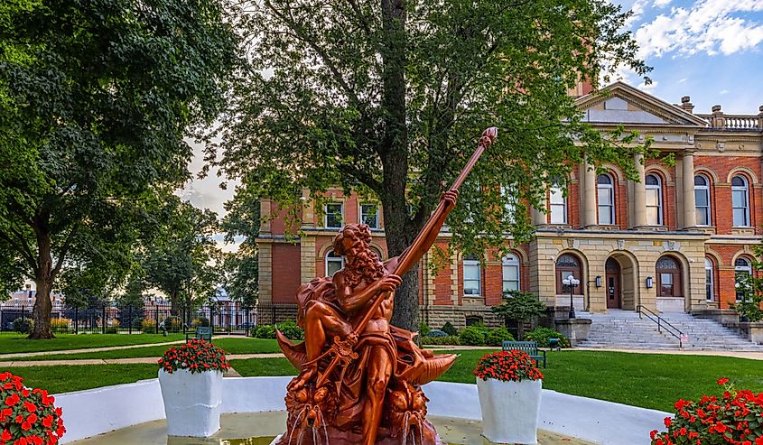 The Elkhart County Courthouse and it is Neptune Fountain, Goshen, Indiana.