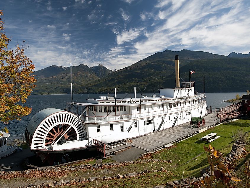 Sternwheeler SS Moyie, the most famous paddle steamer in British Columbia, worked on the Kootenay Lake from 1898 until 1957, is now moored on the shore in Kaslo. Canada. Editorial credit: Josef Hanus / Shutterstock.com