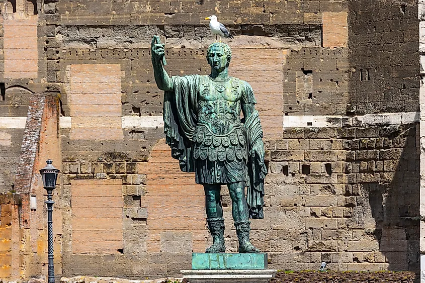 Statue of Octavian Augustus at the Roman Forum in Rome, Italy, with a seagull perched on his head.