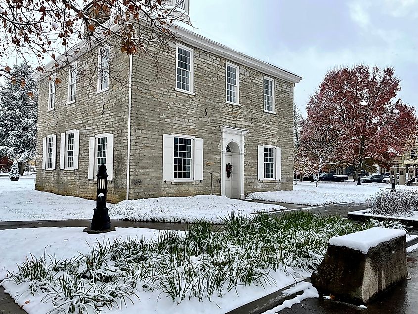 Historic building during winter in Corydon, Indiana.