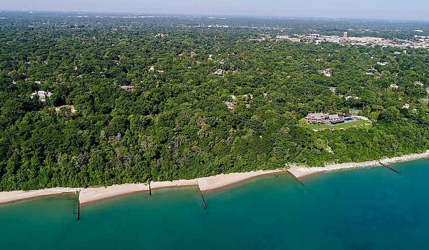 Highland Park Illinois aerial shot along the Lake Michigan shoreline early summer season