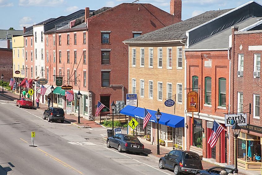 Storefronts on Water Street in Hallowell, Maine.