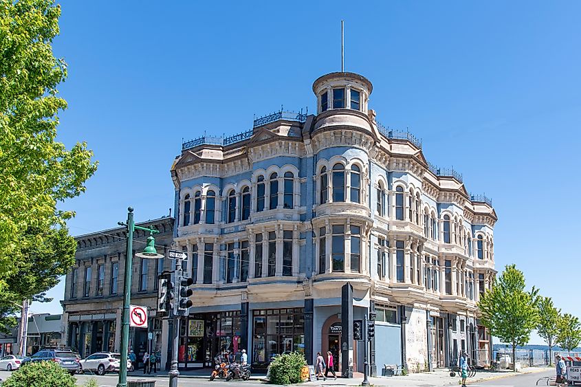 View of the historic Victorian architecture Hastings Building built in 1890 for Lucinda and Loren Brown Hastings with unique features in Port Townsend Historic. Editorial credit: 365 Focus Photography / Shutterstock.com