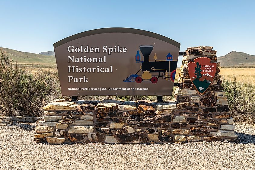 Golden Spike National Historical Park entrance sign in Corinne, Utah.