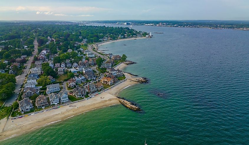 Pequot Point Beach and New London Harbor Lighthouse at the mouth of Thames River in city of New London, Connecticut