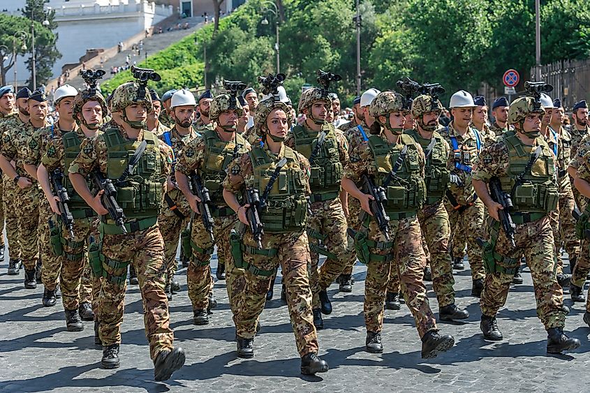 Italian soldiers participating in a military parade at Italian National Day. June 2nd, 2017. Credit Shutterstock: Florin Cnejevici.