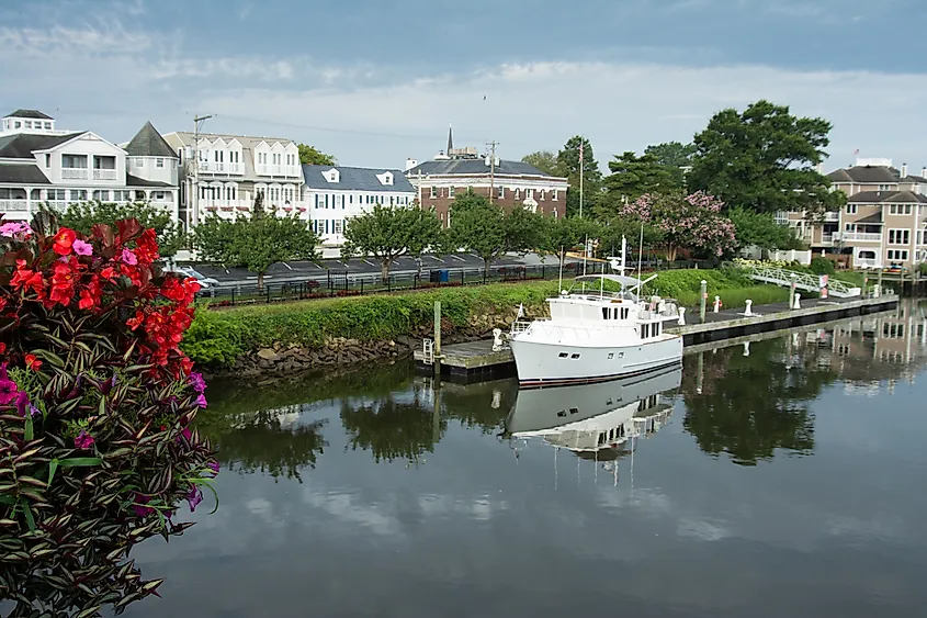 View of downtown Lewes, Deleware, from bridge with canal.