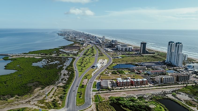 Downtown South Padre Island along Padre Boulevard, State Park Road 100 from Isla Blanca Beach.