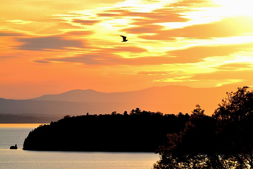 Sunset over Rock Point in Lake Champlain, Vermont.