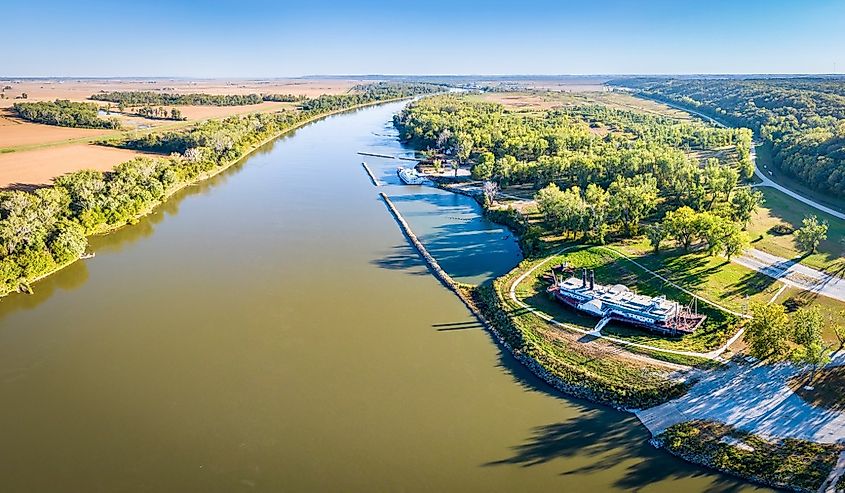 Aerial view of the Missouri River downstream of Brownville, Nebraska.