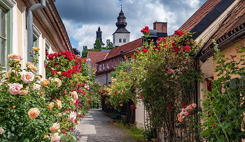 Narrow street in the historical old town in Visby, Sweden