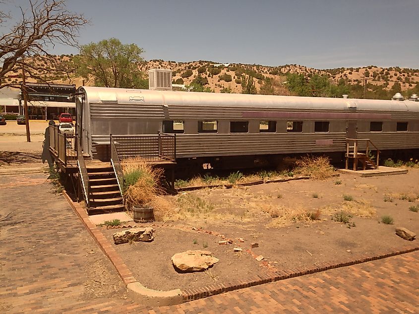 A retired Dining Car, part of the Lamy Railroad History Museum, is on display next to Lamy Amtrak station.