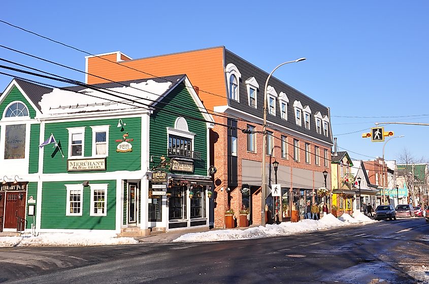 Wolfville, Nova Scotia: Colourful buildings on High Street.