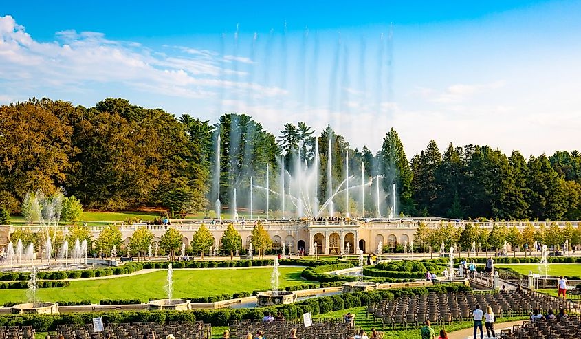 Longwood Gardens fountains and park, Pennsylvania in the fall.