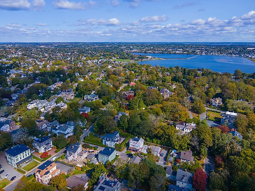 Aerial view of Easton Pond in fall, situated next to Easton Beach, between the city of Newport and the town of Middletown, Rhode Island, USA.