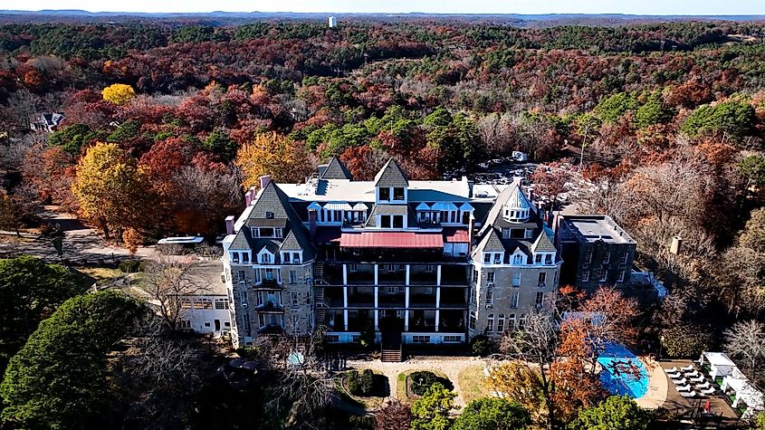 Aerial view of Crescent Hotel, Eureka Springs, Arkansas.