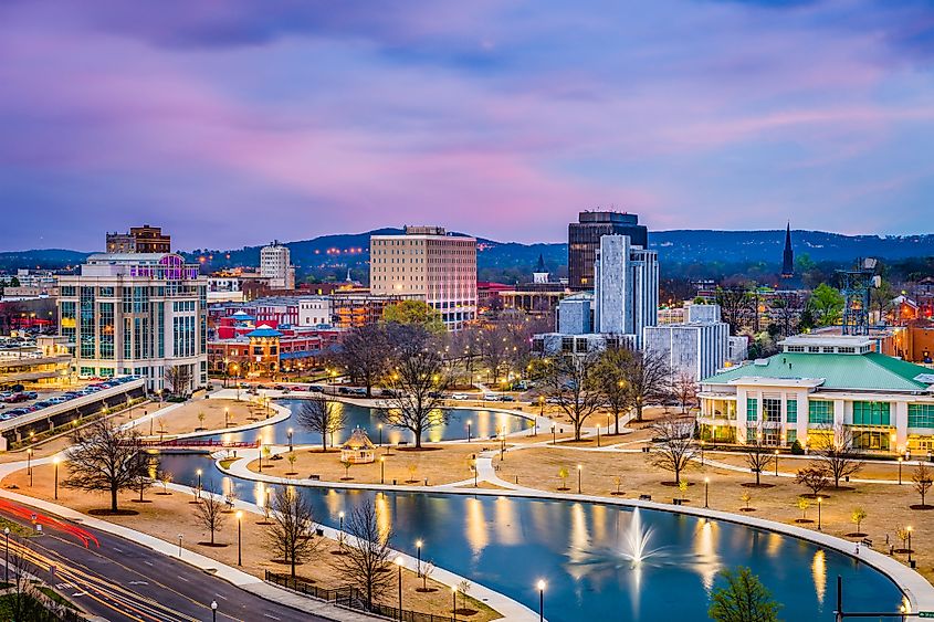 Skyline of Huntsville, Alabama, at twilight.