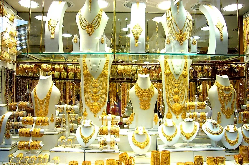 Gold jewellery on display at the Dubai gold souk.