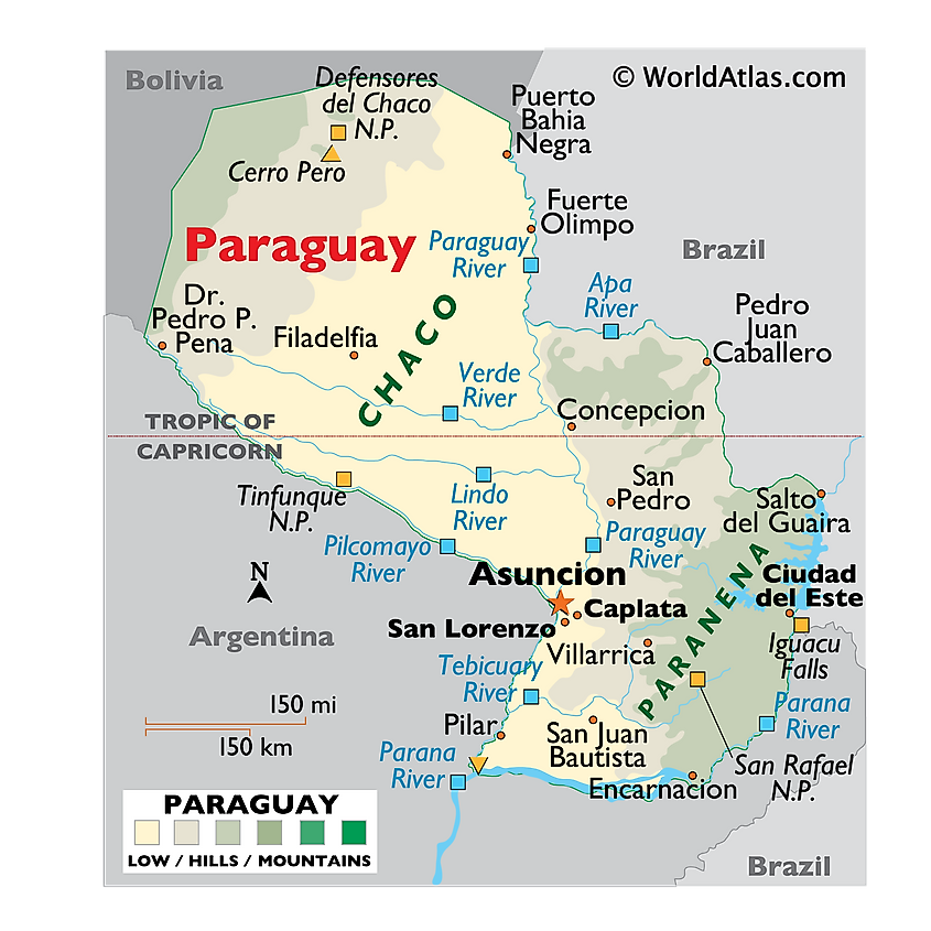 Physikalische Karte von Paraguay mit Relief, großen Flüssen, geographischen Regionen, Schutzgebieten, wichtigen Siedlungen, angrenzenden Ländern, etc.