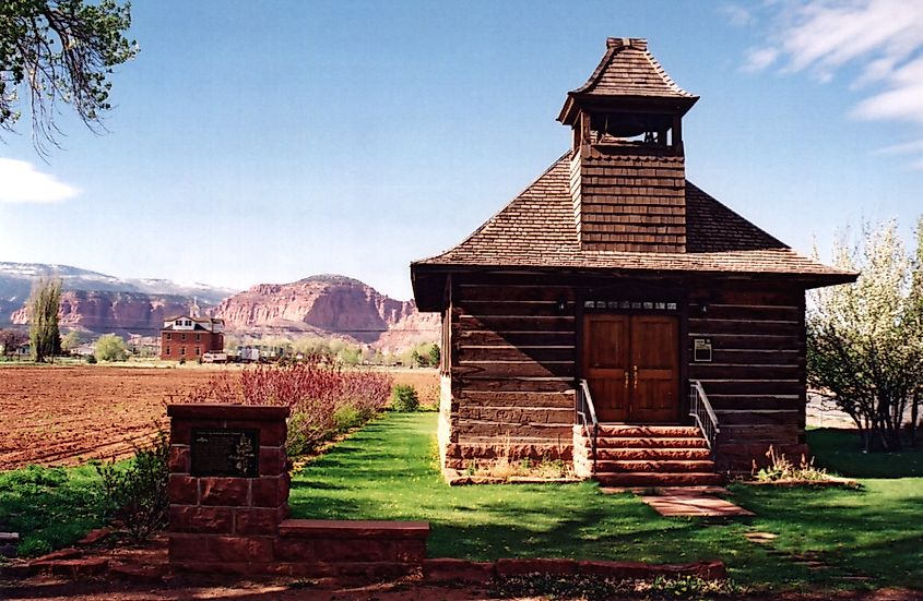 An old log schoolhouse in Torrey, Utah.