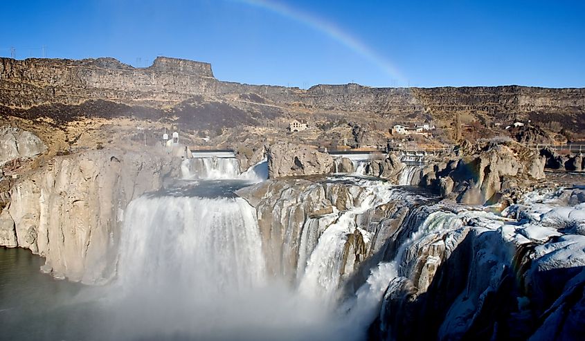 The dam at Shoshone Falls, Idaho, in the winter covered with snow and ice