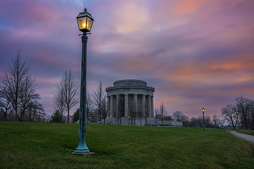 George Rogers Clark National Historical Park in Vincennes, Indiana, located on the banks of the Wabash River at the believed site of Fort Sackville, pictured at sunset.