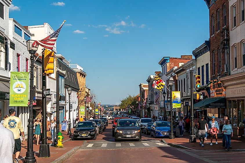 Businesses lined along the main street in Annapolis, Maryland