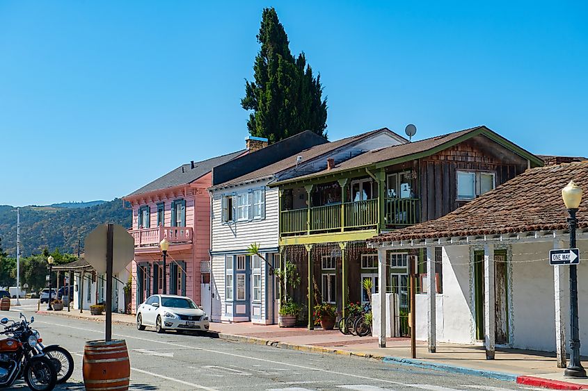 Commercial buildings on Third Street in historic town center of San Juan Bautista, CA.