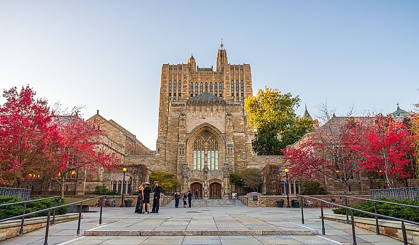Beautiful fall colors outside Sterling Memorial Library at Yale University
